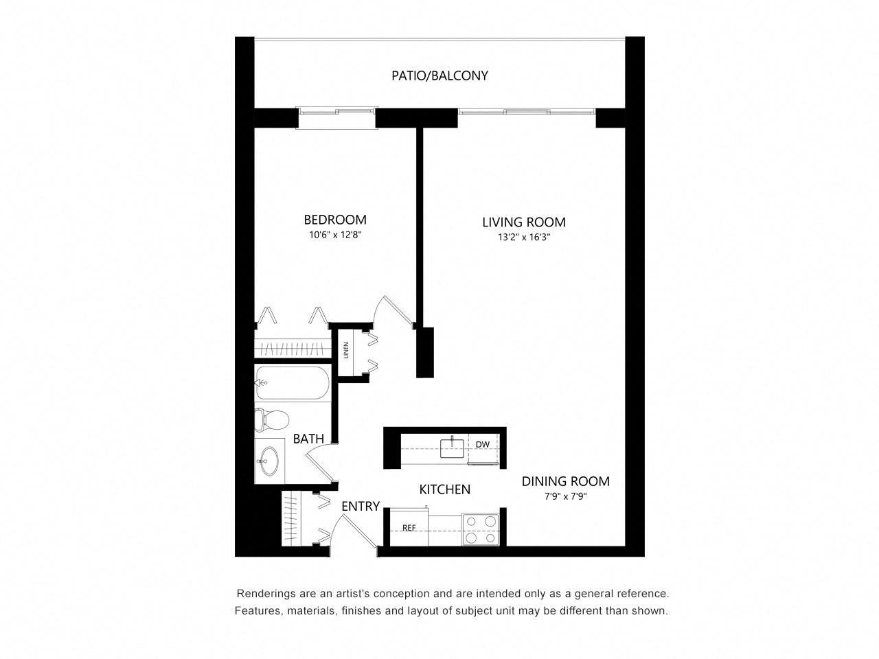 Floor plan for 1 bed, 1 bath, 634 sqft